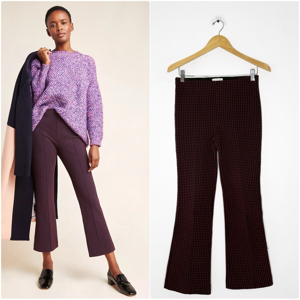 Anthropologie The Essential Crop Flare Pants XS Berry Black Checkered